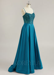 A-line V-Neck Sweep Train Silky Satin Prom Dresses With Sequins Beading