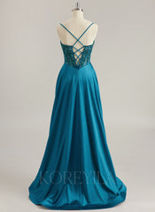 A-line V-Neck Sweep Train Silky Satin Prom Dresses With Sequins Beading