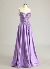 A-line Sweetheart Sweep Train Silky Satin Prom Dresses With Rhinestone 3D Floral Sequins Beading