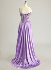 A-line Sweetheart Sweep Train Silky Satin Prom Dresses With Rhinestone 3D Floral Sequins Beading