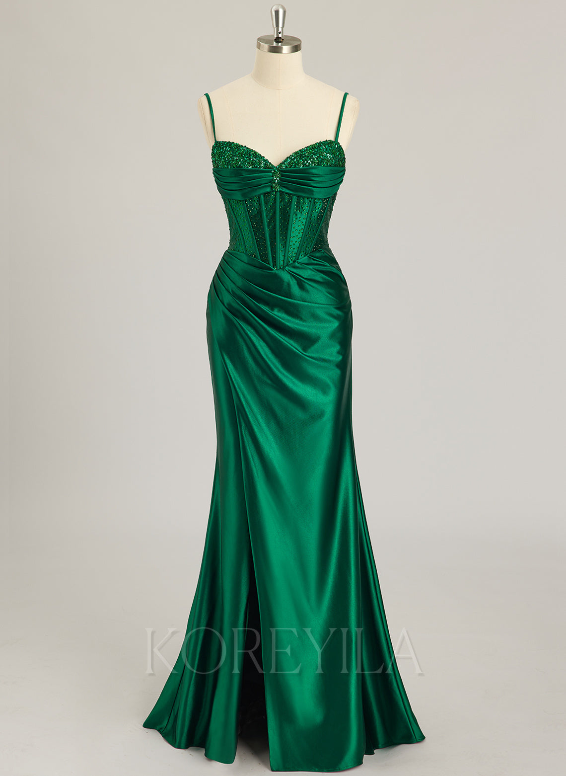 Trumpet/Mermaid V-Neck Sweep Train Silky Satin Prom Dresses With Rhinestone Sequins Beading