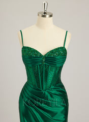 Trumpet/Mermaid V-Neck Sweep Train Silky Satin Prom Dresses With Rhinestone Sequins Beading