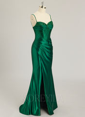 Trumpet/Mermaid V-Neck Sweep Train Silky Satin Prom Dresses With Rhinestone Sequins Beading