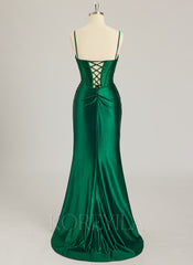 Trumpet/Mermaid V-Neck Sweep Train Silky Satin Prom Dresses With Rhinestone Sequins Beading