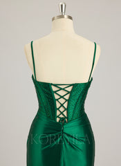 Trumpet/Mermaid V-Neck Sweep Train Silky Satin Prom Dresses With Rhinestone Sequins Beading