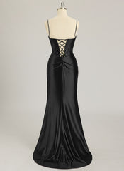 Trumpet/Mermaid V-Neck Sweep Train Silky Satin Prom Dresses With Rhinestone Sequins Beading