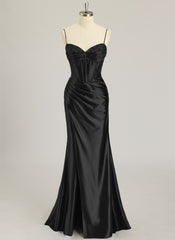 Trumpet/Mermaid V-Neck Sweep Train Silky Satin Prom Dresses With Rhinestone Sequins Beading