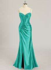 Trumpet/Mermaid V-Neck Sweep Train Silky Satin Prom Dresses With Rhinestone Sequins Beading