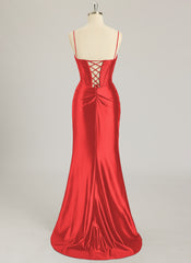 Trumpet/Mermaid V-Neck Sweep Train Silky Satin Prom Dresses With Rhinestone Sequins Beading