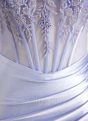 Trumpet/Mermaid V-Neck Sweep Train Silky Satin Prom Dresses With Appliques Lace Beading