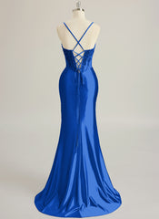 Trumpet/Mermaid V-Neck Sweep Train Silky Satin Prom Dresses With Appliques Lace Beading
