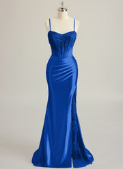 Trumpet/Mermaid V-Neck Sweep Train Silky Satin Prom Dresses With Appliques Lace Beading