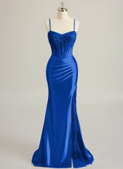 Trumpet/Mermaid V-Neck Sweep Train Silky Satin Prom Dresses With Appliques Lace Beading