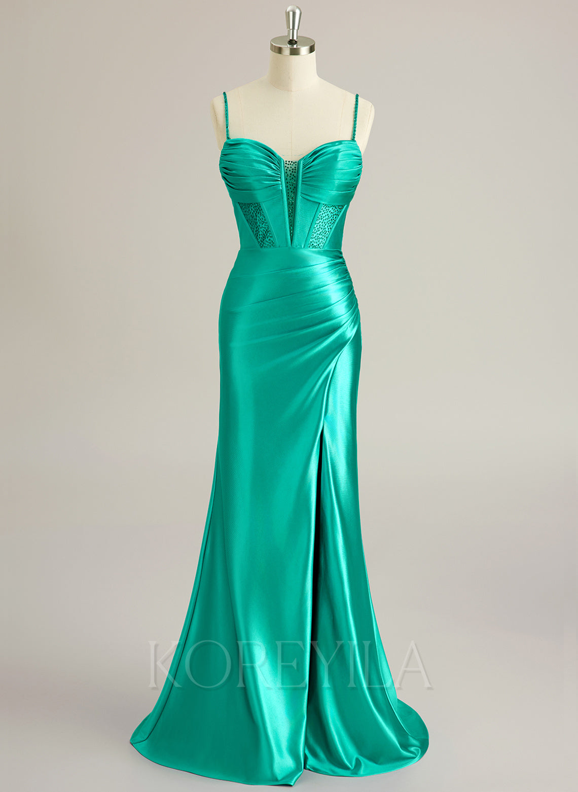 Trumpet/Mermaid Sweetheart Sweep Train Silky Satin Prom Dresses With Pleated Rhinestone