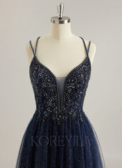Ball-Gown/Princess V-Neck Sweep Train Tulle Prom Dresses With Rhinestone Beading Sequins