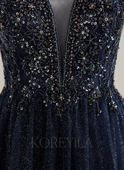 Ball-Gown/Princess V-Neck Sweep Train Tulle Prom Dresses With Rhinestone Beading Sequins