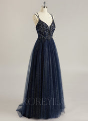 Ball-Gown/Princess V-Neck Sweep Train Tulle Prom Dresses With Rhinestone Beading Sequins