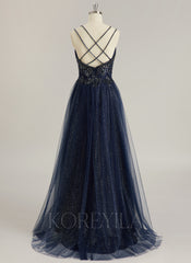 Ball-Gown/Princess V-Neck Sweep Train Tulle Prom Dresses With Rhinestone Beading Sequins