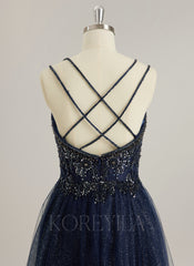 Ball-Gown/Princess V-Neck Sweep Train Tulle Prom Dresses With Rhinestone Beading Sequins