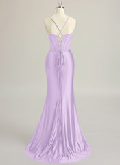 Trumpet/Mermaid Sweetheart Sweep Train Silky Satin Prom Dresses With Beading Sequins Pleated