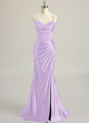 Trumpet/Mermaid Sweetheart Sweep Train Silky Satin Prom Dresses With Beading Sequins Pleated