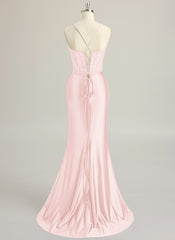 Trumpet/Mermaid Sweetheart Sweep Train Silky Satin Prom Dresses With Beading Sequins Pleated