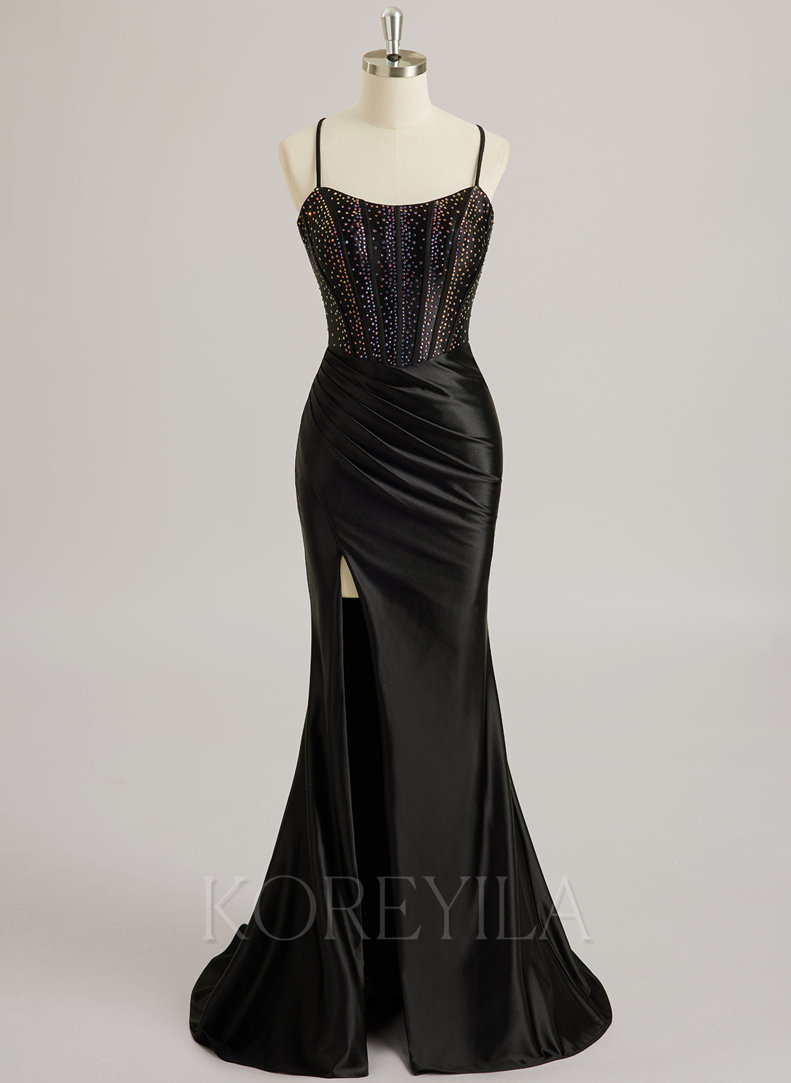 Trumpet/Mermaid Scoop Sweep Train Silky Satin Prom Dresses With Rhinestone