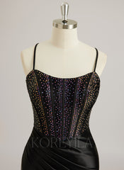 Trumpet/Mermaid Scoop Sweep Train Silky Satin Prom Dresses With Rhinestone