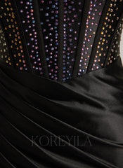 Trumpet/Mermaid Scoop Sweep Train Silky Satin Prom Dresses With Rhinestone