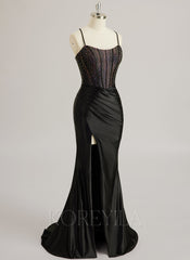 Trumpet/Mermaid Scoop Sweep Train Silky Satin Prom Dresses With Rhinestone