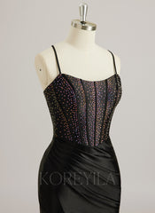 Trumpet/Mermaid Scoop Sweep Train Silky Satin Prom Dresses With Rhinestone