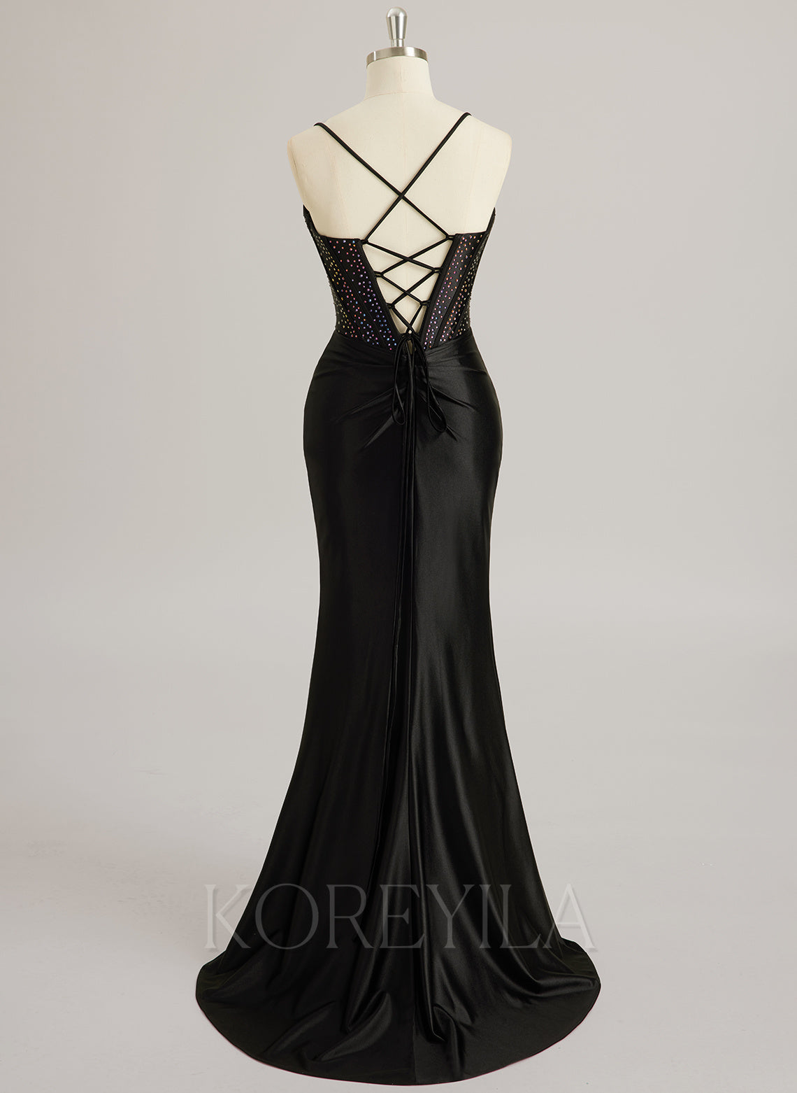 Trumpet/Mermaid Scoop Sweep Train Silky Satin Prom Dresses With Rhinestone