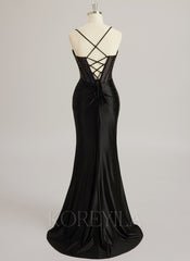 Trumpet/Mermaid Scoop Sweep Train Silky Satin Prom Dresses With Rhinestone