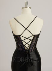 Trumpet/Mermaid Scoop Sweep Train Silky Satin Prom Dresses With Rhinestone