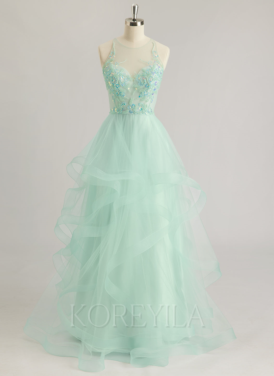 Ball-Gown/Princess Illusion Floor-Length Tulle Prom Dresses With Sequins Beading