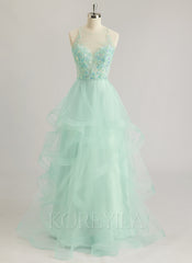 Ball-Gown/Princess Illusion Floor-Length Tulle Prom Dresses With Sequins Beading
