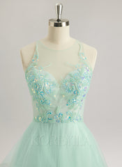 Ball-Gown/Princess Illusion Floor-Length Tulle Prom Dresses With Sequins Beading
