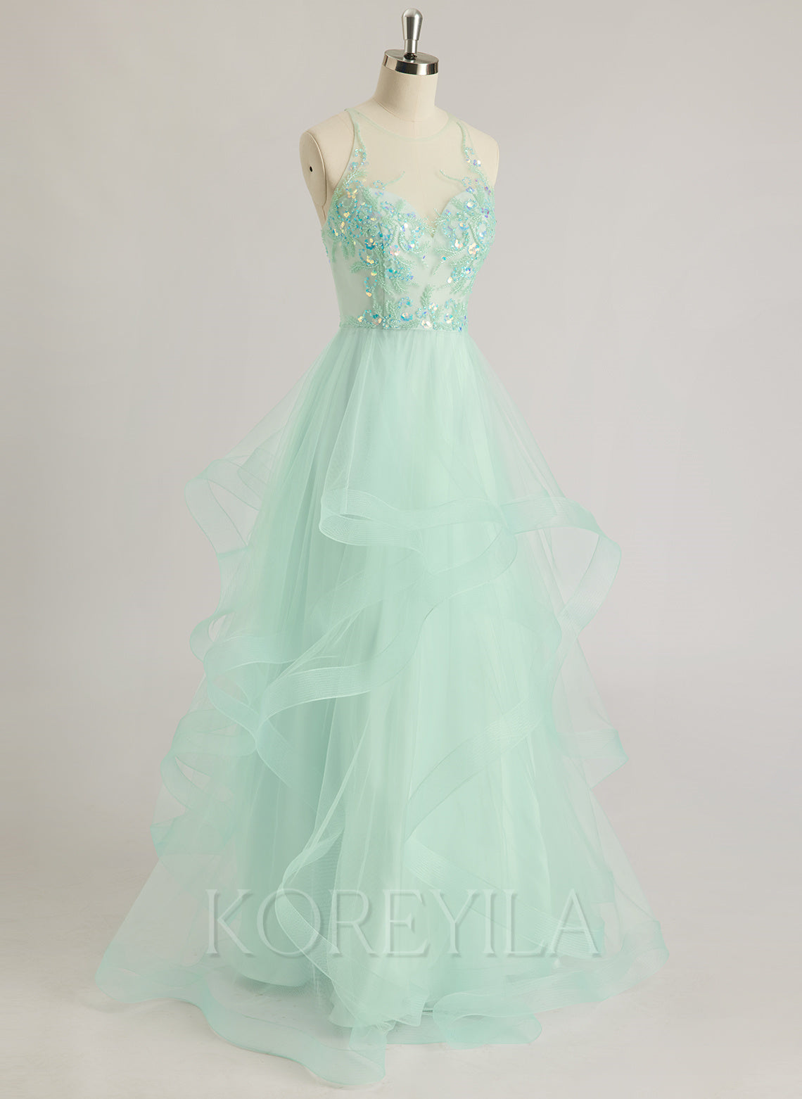 Ball-Gown/Princess Illusion Floor-Length Tulle Prom Dresses With Sequins Beading