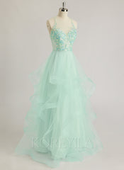 Ball-Gown/Princess Illusion Floor-Length Tulle Prom Dresses With Sequins Beading