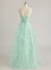 Ball-Gown/Princess Illusion Floor-Length Tulle Prom Dresses With Sequins Beading