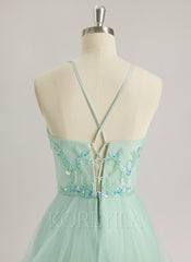 Ball-Gown/Princess Illusion Floor-Length Tulle Prom Dresses With Sequins Beading
