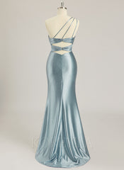 Trumpet/Mermaid One Shoulder Sweep Train Jersey Prom Dresses With Rhinestone