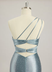 Trumpet/Mermaid One Shoulder Sweep Train Jersey Prom Dresses With Rhinestone