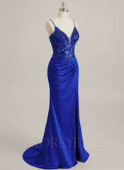 Trumpet/Mermaid V-Neck Sweep Train Jersey Lace Maxi Dresses With Pleated Sequins