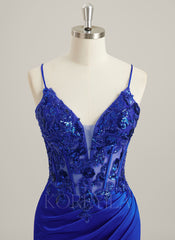 Trumpet/Mermaid V-Neck Sweep Train Jersey Lace Maxi Dresses With Pleated Sequins