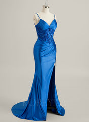 Trumpet/Mermaid V-Neck Sweep Train Lace Jersey Maxi Dresses With Sequins Pleated