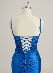 Trumpet/Mermaid V-Neck Sweep Train Lace Jersey Maxi Dresses With Sequins Pleated