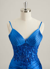 Trumpet/Mermaid V-Neck Sweep Train Lace Jersey Maxi Dresses With Sequins Pleated