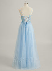 A-line V-Neck Floor-Length Lace Tulle Maxi Dresses With Sequins