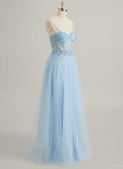 A-line V-Neck Floor-Length Lace Tulle Maxi Dresses With Sequins